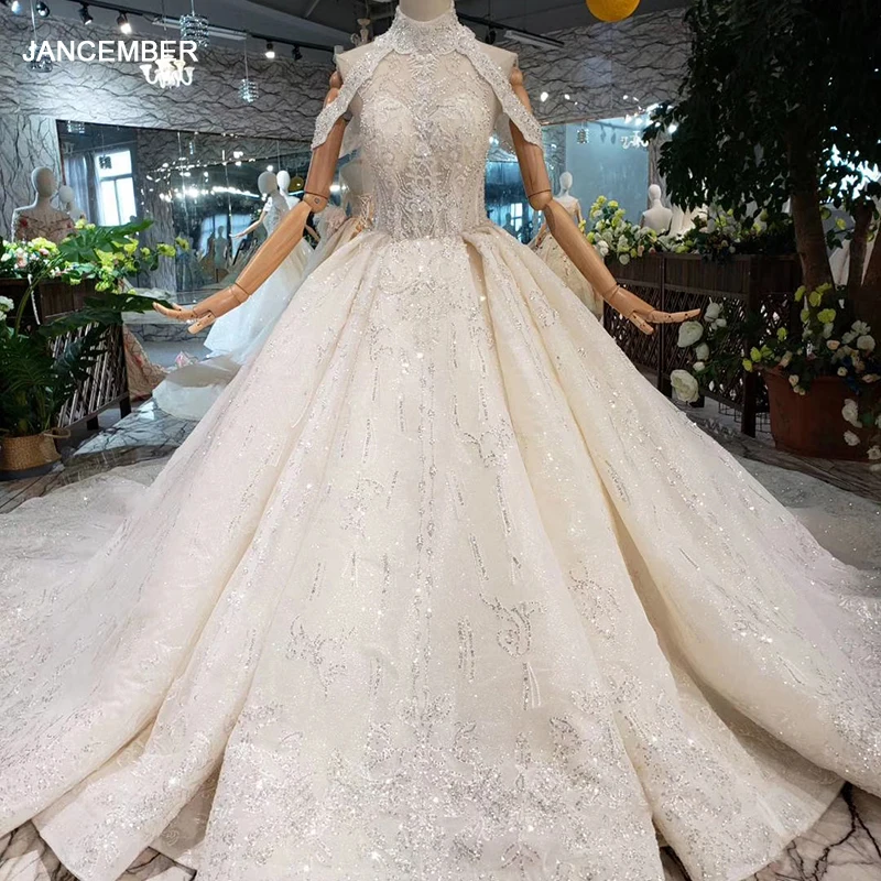 LS20330 Роскошные кружевные свадебные платья с длинным рукавом высоким воротом и