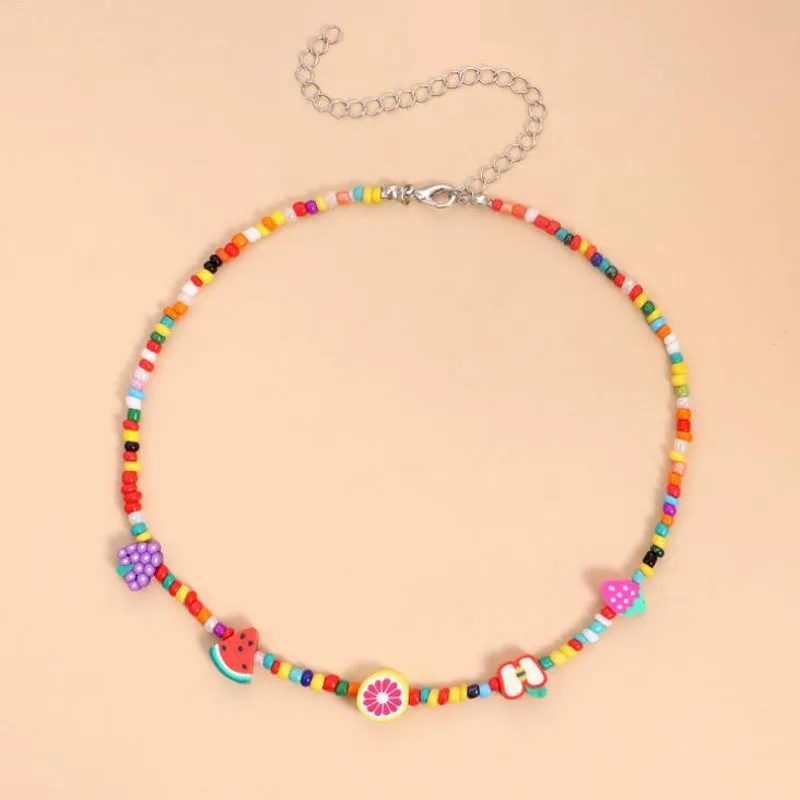 

Trendy Bead Strand Beaded Choker Necklace For Women Bohemian Colorful Handmade Fruit Element Pendant Necklaces Collar Jewelry