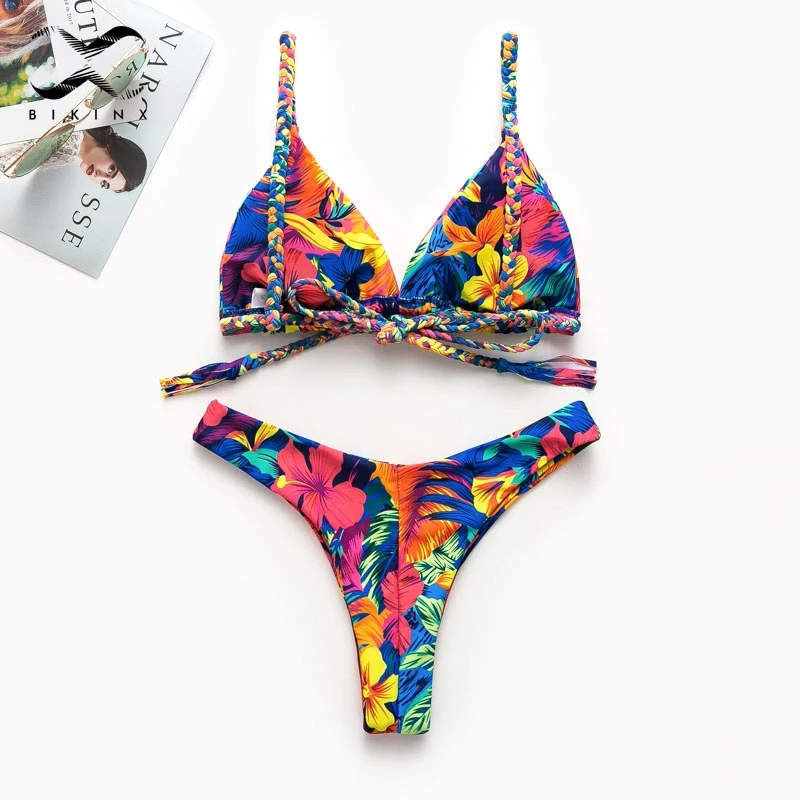 

Bikinx Triangle floral print bikinis 2019 mujer biquini Weave push up swimsuit female sexy swimwear women bathers Summer beach