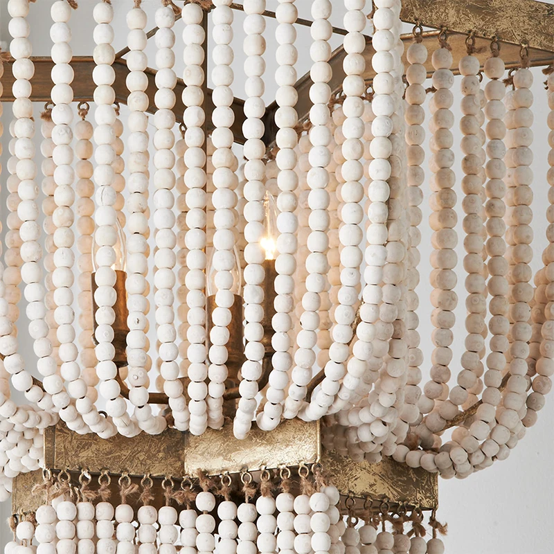 

Large Wood fringe chandelier beaded lighting vintage loft farmhouse hanging light nordic antique wood chandelier kitchen light