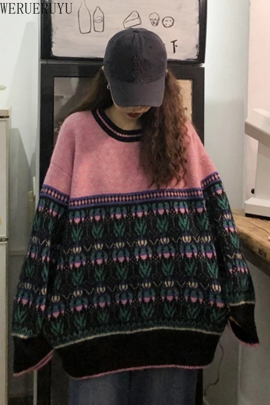 

WERUERUYU New Hong Kong Style Retro Sweater Schoolgirl Korean Loose Winter Lazy Wind Plus Size Sweater Tide