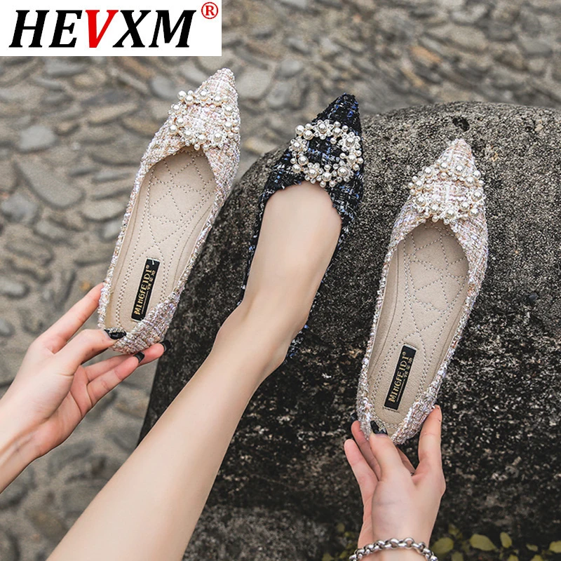 

String bead round buckle flats ballet shoes women slip on shallow mouth moccasins pearl pointy toe mixed colors fabric ballerina