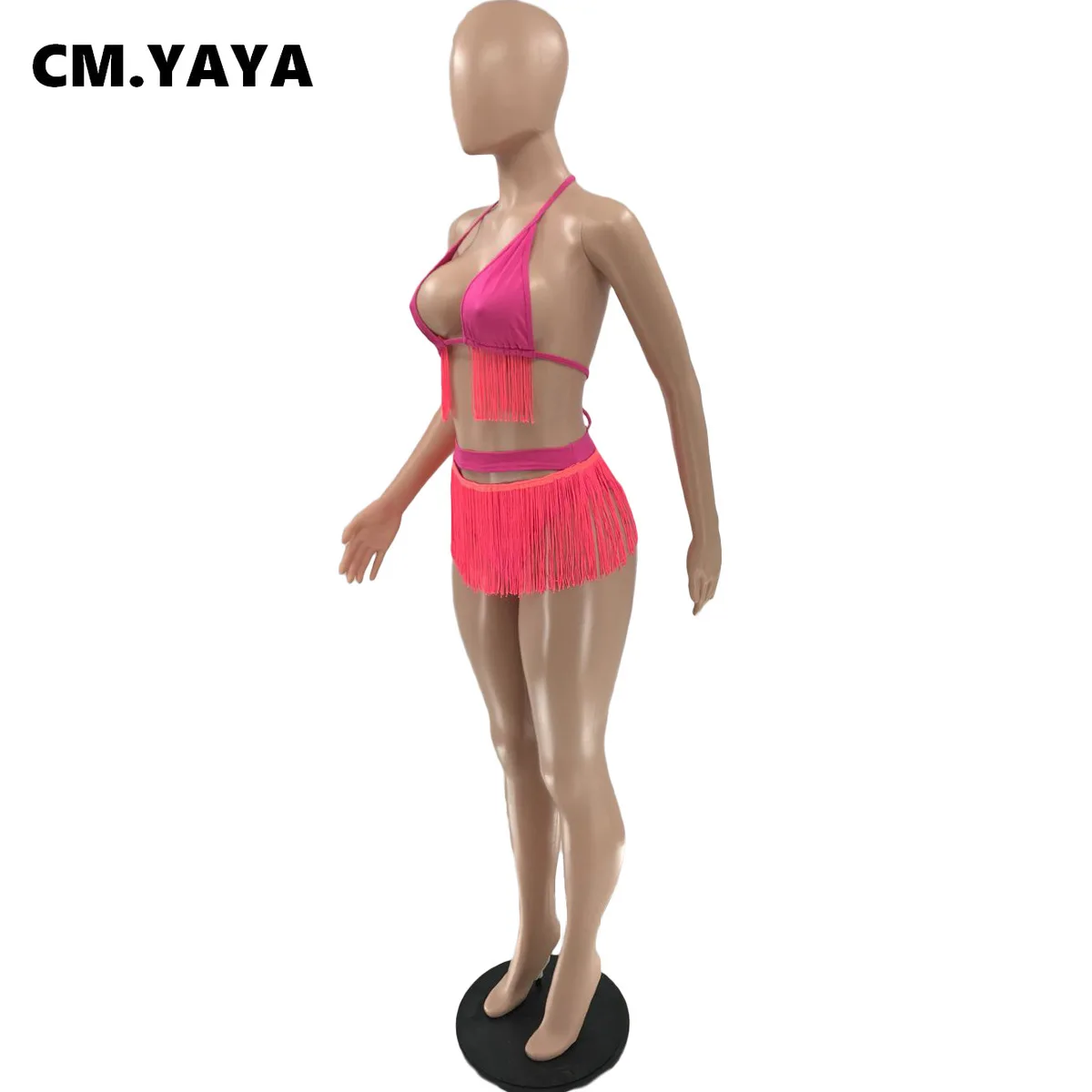 Женский комплект бикини с бахромой CM.YAYA однотонный бандажный бюстгальтер топы и