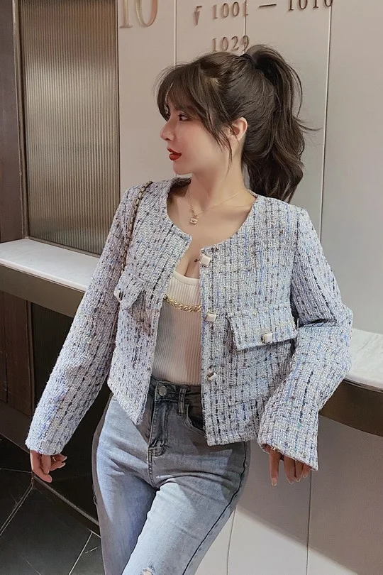 Женский твидовый укороченный топ модный ретро-топ с круглым вырезом в