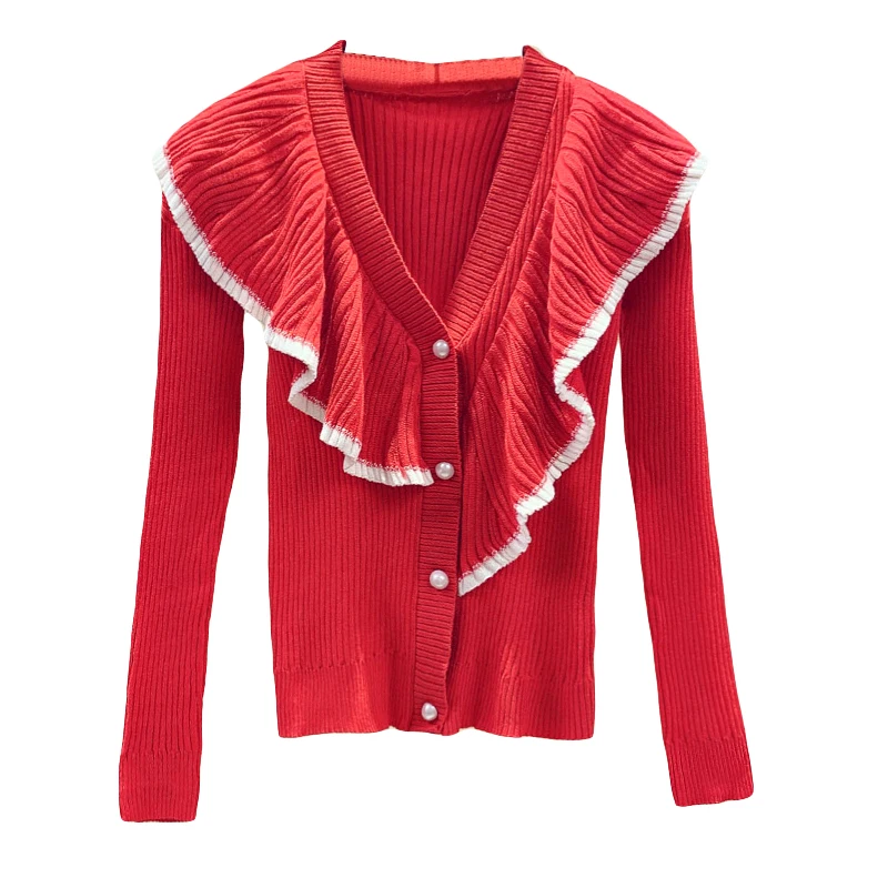4XL sweater flounced stitching women's 2019 new Autumn fat sister knitted single-breasted |