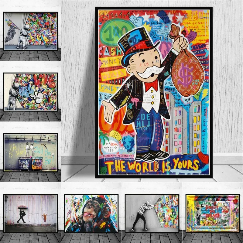 

American Style Banksy Street Graffiti Art Canvas Figure Modern Painting Monopoly Posters and Prints Wall Pictures Room Decor