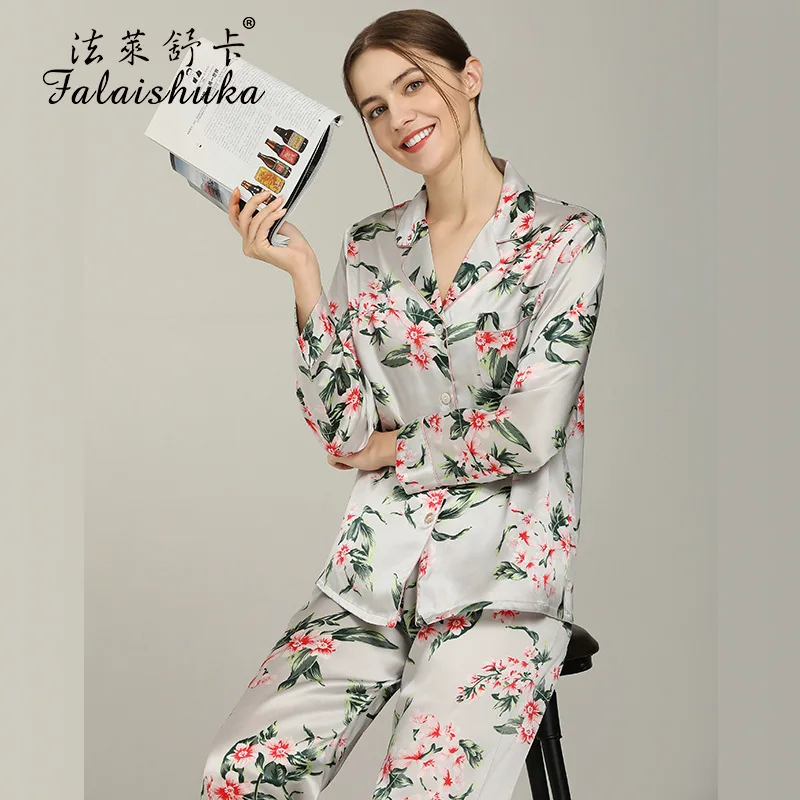 Woman Silk Pajamas Sets Sleepwear Two Pieces Set Floral Print 2021 New Summer Full Sleeve Lady Silk Home Wear Sleepwears