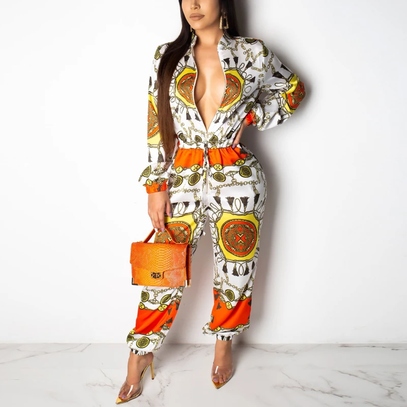 Women Long Sleeve Zip Up Jumpsuit Vintage Printed Regular Fit Long Jumpsuit Elegant Holidays Beachwear Office Lady Workwear