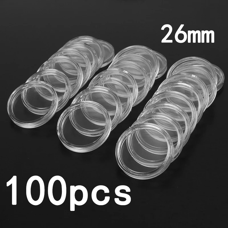 100Pcs 21 26mm Coin Holder Capsules Box Storage Clear Round Display Cases Holders Protective Collection Supplies |