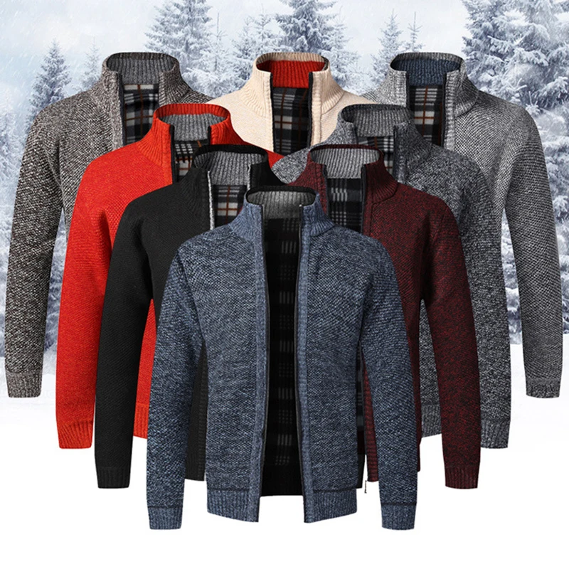 

Sweater Zipper Cardigan Men 2021 Hot Plus Velvet Thick Solid Color Sweater Zipper Cardigan Stylish Stand Collar Sweater Coat