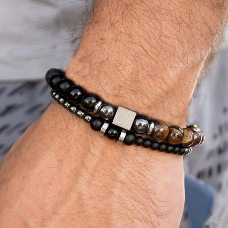

2020 2Pcs/Set Bracelets Men Fashion Bead Strand Couple Bracelet 6mm Stone Hematite Charm Bracelet Sets For Men Jewelry Gift