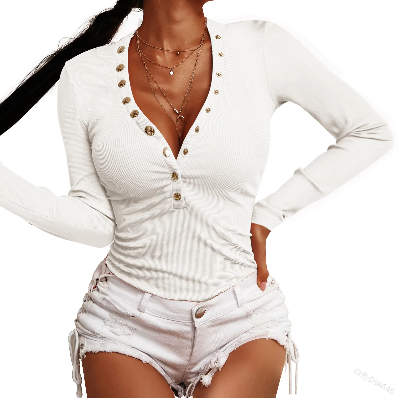 

Mandylandy Tshirts Solid Color Slim Fits Sexy Base Shirt Women Deep V Rivet Long-Sleeved T-shirt Tops Slim Fits Tshirts