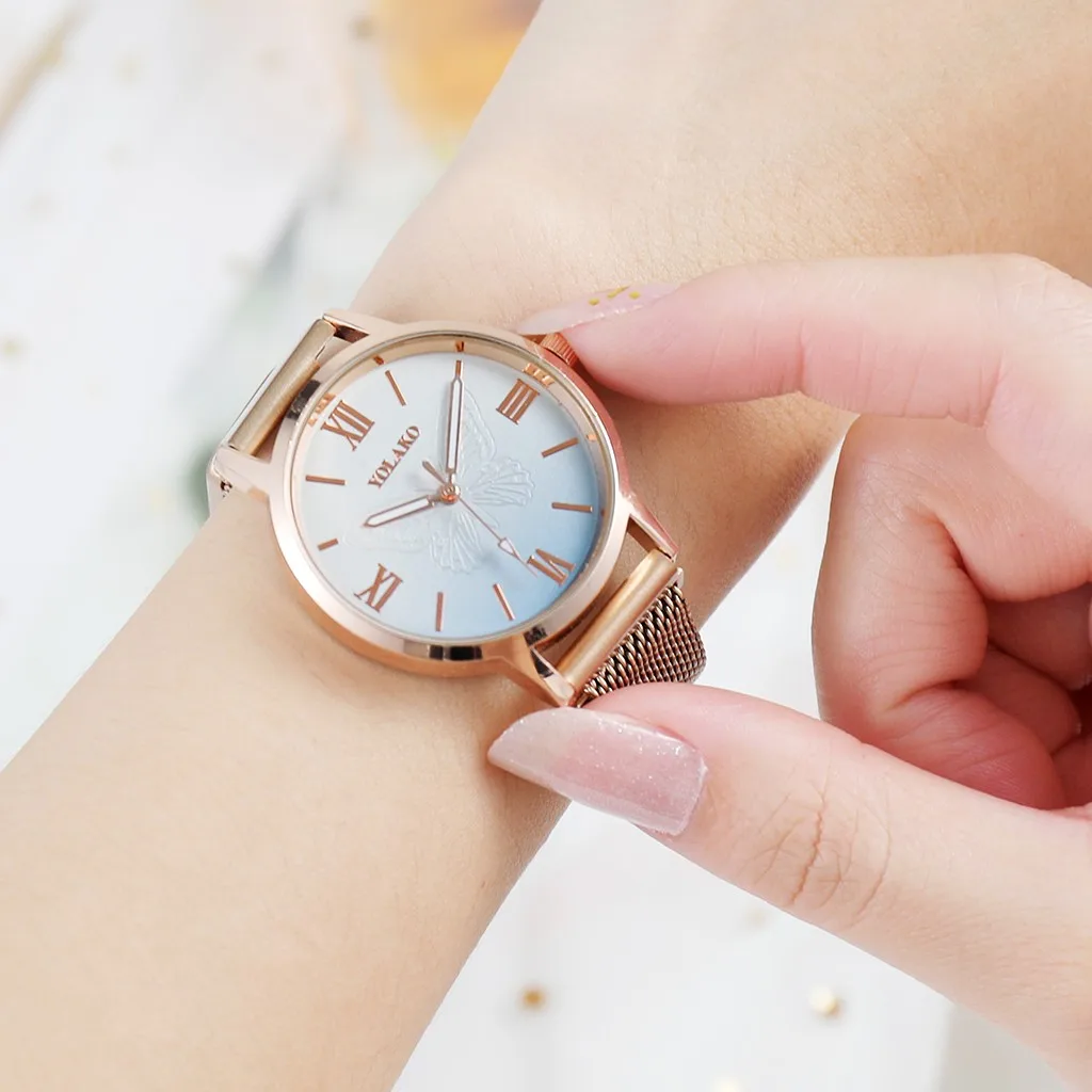 

Luxury Brand YOLAKO Wristwatch Butterfly Fashion Quartz Watch Women Steel Mesh Band Bracelet Watches High Quality reloj mujer