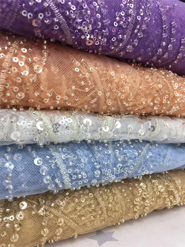 

Hot Sale African Sequins and bead Lace Fabric 2021 High Quality Nigerian Lace Dress For Women Embroidery French Net Lace XZ-350