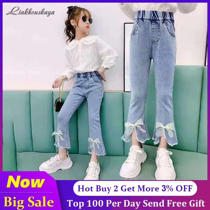 

Teenage Denim Jeans For Girls Elegant Bow Cute Denim Pants Sweet Bowknot Stretch Lovely Spring Children Kids Trousers 110-160cm