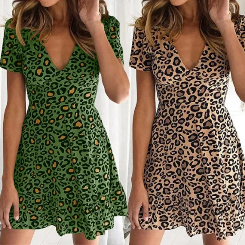 

Women Mini Leopard Dress Summer Print Ruffles Short Sleeve V Neck Evening Party Sweet Beach Dress Summer Style