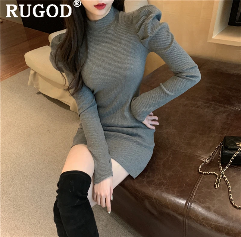 RUGOD Элегантное зимнее трикотажное платье boyycon для женщин модная туника с пышными