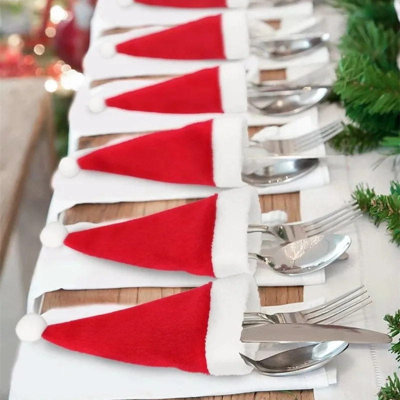 

1/5/10pcs Mini Christmas Hat Tableware Holder Bag Merry Christmas Small Hat Party Dinner Knife Fork Set Pocket Cover Home Decors