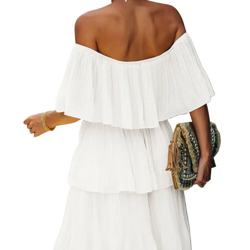 

Womens Ruffle Short Sleeve Midi Dress Ladies Party Off Shoulder Plain Dresses