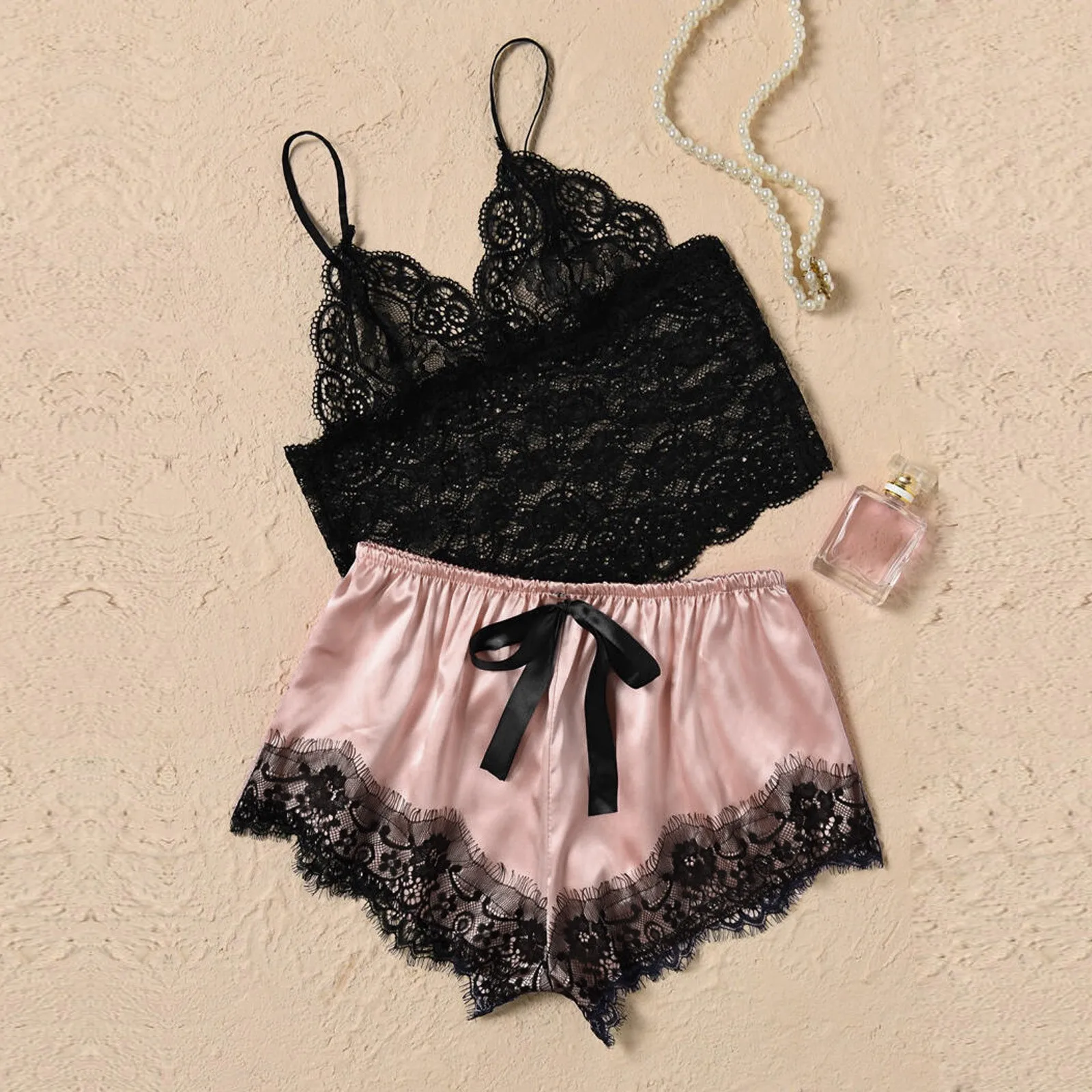 

Women Satin Lace V-Neck Camisole Bowknot Shorts Set Sleepwear Pajamas Lingerie Nightwear camisones para dormir camisola gecelik