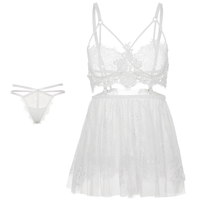 Сексуальная ультра-короткая ночная рубашка сетчатая ночная рубашка женская кружевная ажурная перспективная Ночная рубашка на тонких бретелях с пряжкой
