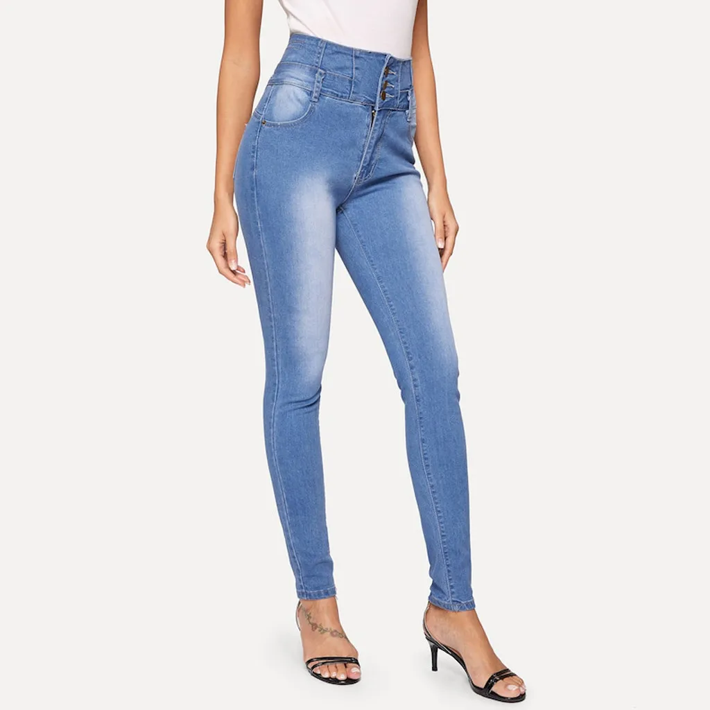 Women Autumn Elastic Button Jeans Female Pant Slim Stretch Jeans Blue Ladies Small Feet Cropped Pencil Pant#BL20