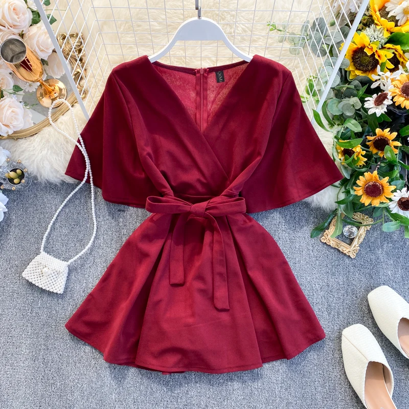 ALPHALMODA Женский Летний комбинезон с v образным вырезом и поясом сплошной цвет