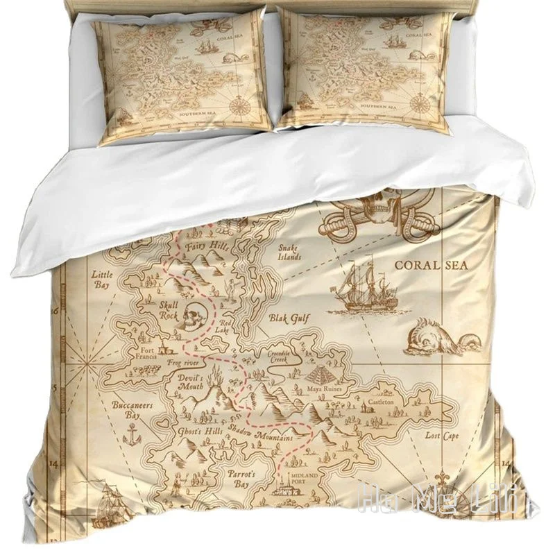 

Old Antique Treasure Map With Details Retro Color Adventure Sailing Pirate Bedding Set By Ho Me Lili Duvet Cover