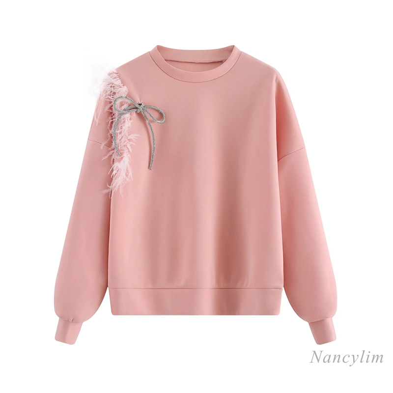 

Pink Pullovers for Women 2021 Spring New Feather Bow Loose Sweatshirt Female Ladies Hoodies Nancylim