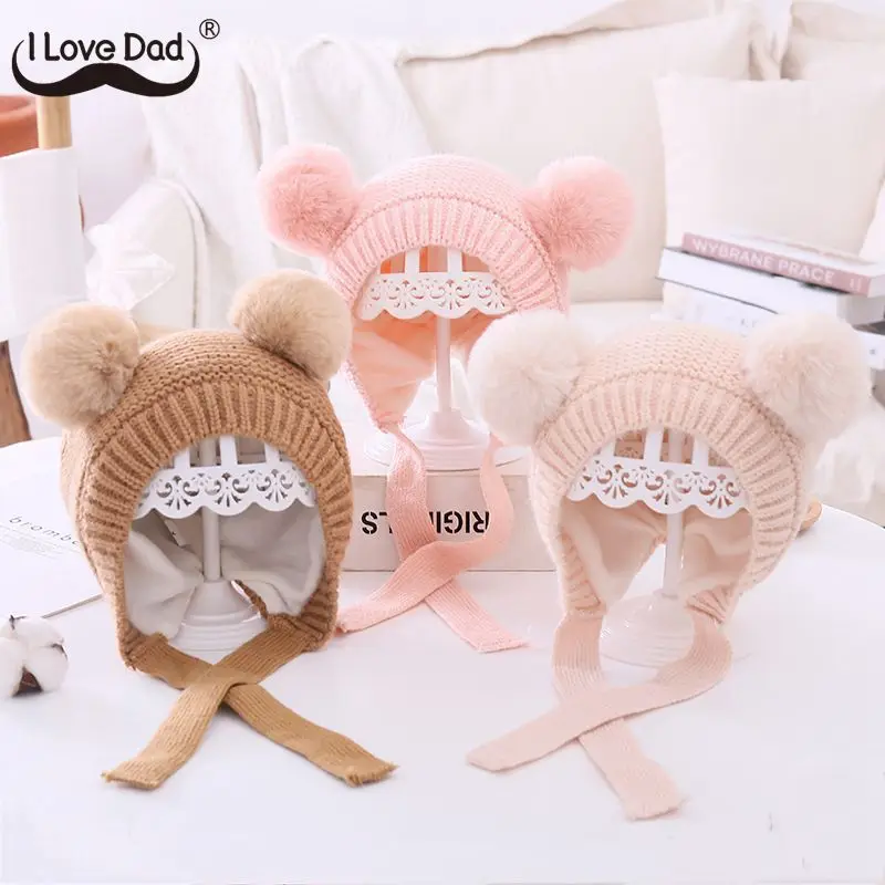 

Зимняя вязаная теплая шапка для младенца, с двойным помпоном, для младенцев, для защиты ушей, шапочка для мальчиков и девочек