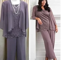 new fashion 2022 mothers pants suit three pieces lace chiffon purple long mother of the bride dress wedding party gown