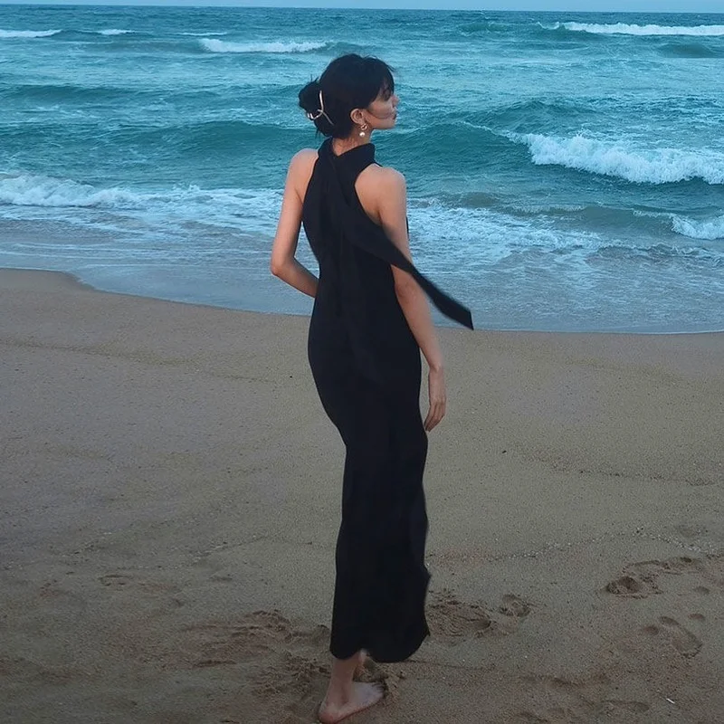 

Halter Sexy Party Long Dresses Women Evening Elegant Backless Holiday Summer Beach Dress Korean Chic Designer Hepburn Black 2021