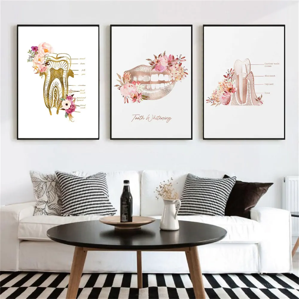 

Tooth Implant Anatomy Poster Medical Education Wall Art Canvas Painting Dental Flowers Pictures for Doctor Office Decor