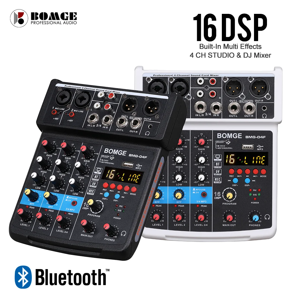 BOMGE BMG-04F 4-канальный аудио микшер звуковой интерфейс 16 DSP Bluetooth USB смешивающая
