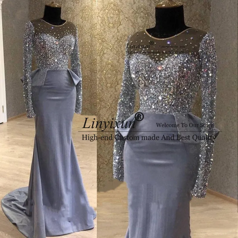 

Sexy 2020 Beaded Crystals Tulle Mermaid African Evening Dresses Sequined Long Sleeves Formal Evening Gowns Long Prom Dresses