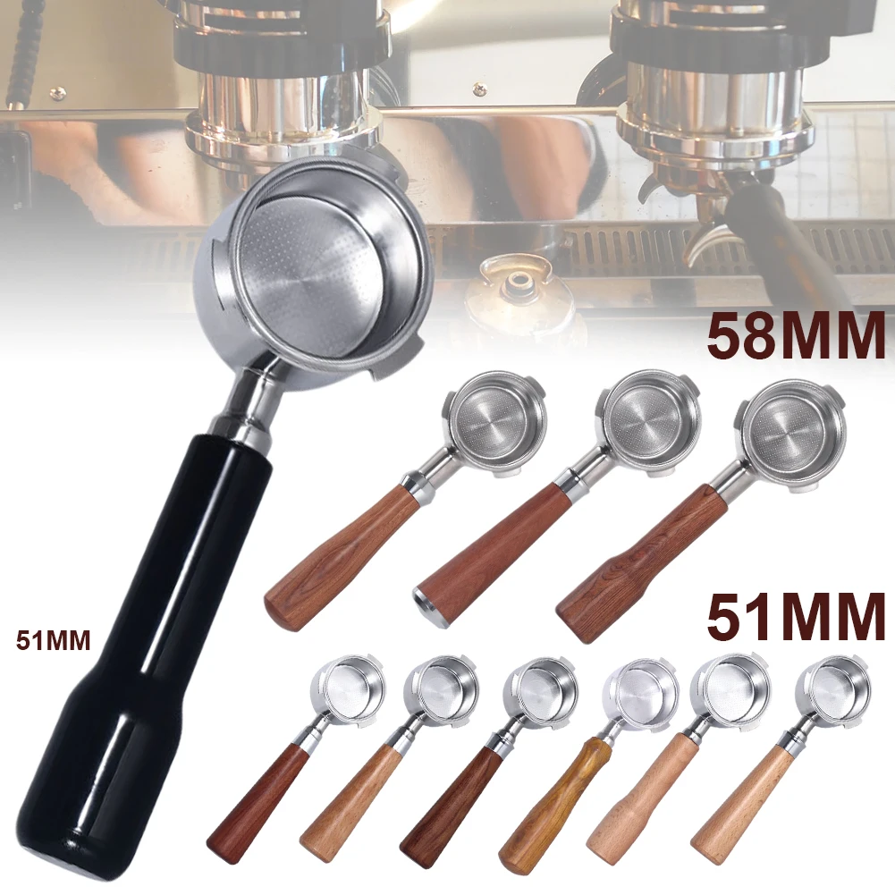 Portafiltro de caf&eacute; sin fondo, 51mm, 58mm, cesta de filtro con mango de madera incluida para m&aacute;quina de caf&eacute; Espresso, accesorios, herramienta de mango-0
