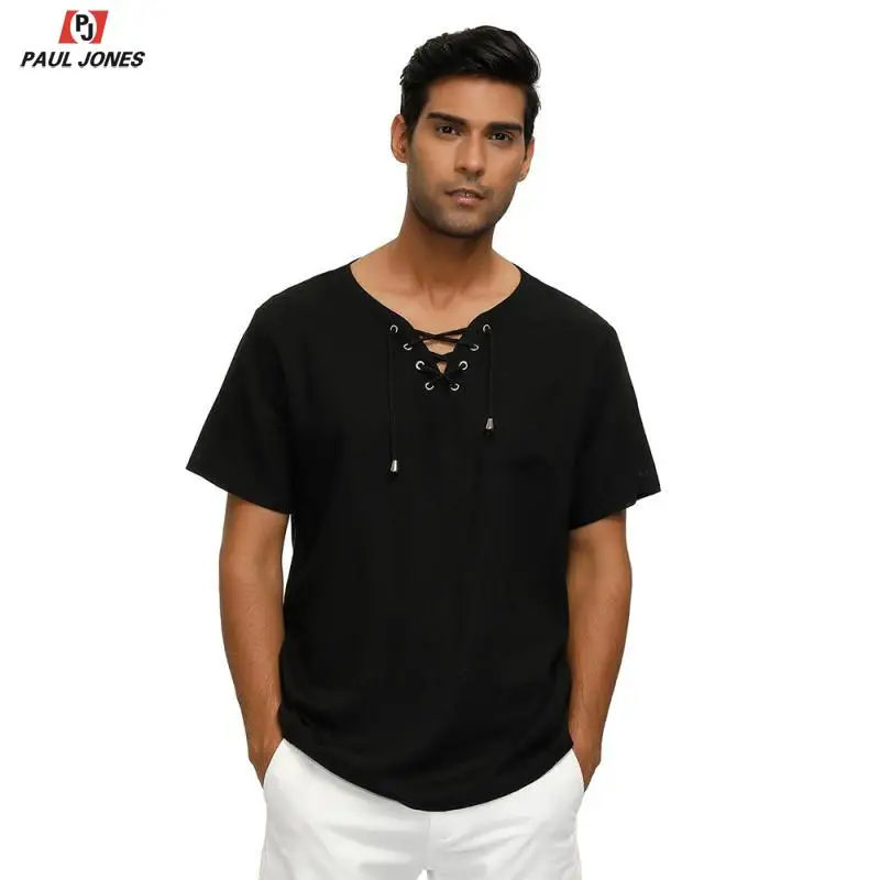 Мужская рубашка из вискозы и льна на шнуровке PAUL JONES стильные летние пляжные