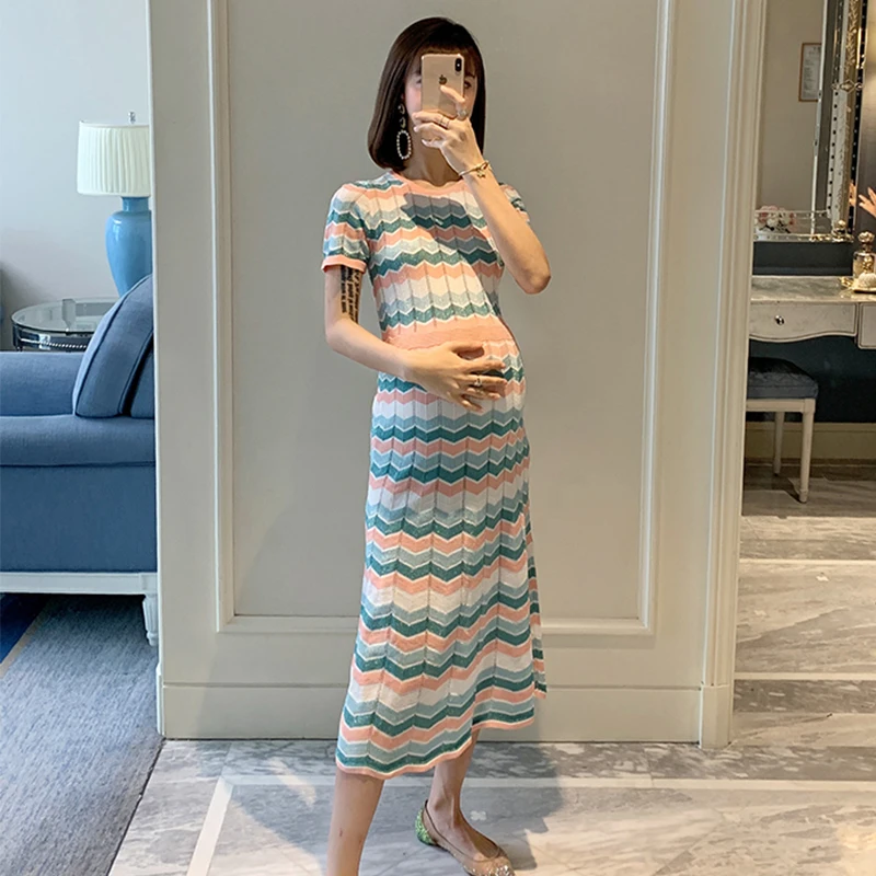 Maternity wear fashion new mid-length slim fashion hollow ice silk western style over the knee dress maternity sweater dress