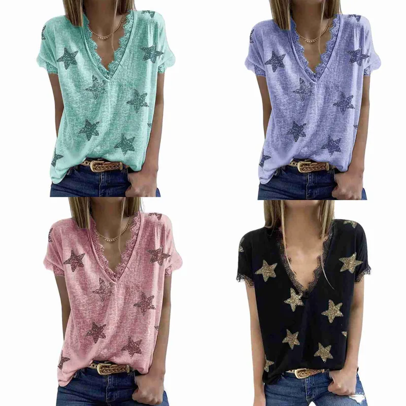 Женская футболка с коротким рукавом V-образным вырезом и кружевом - купить по