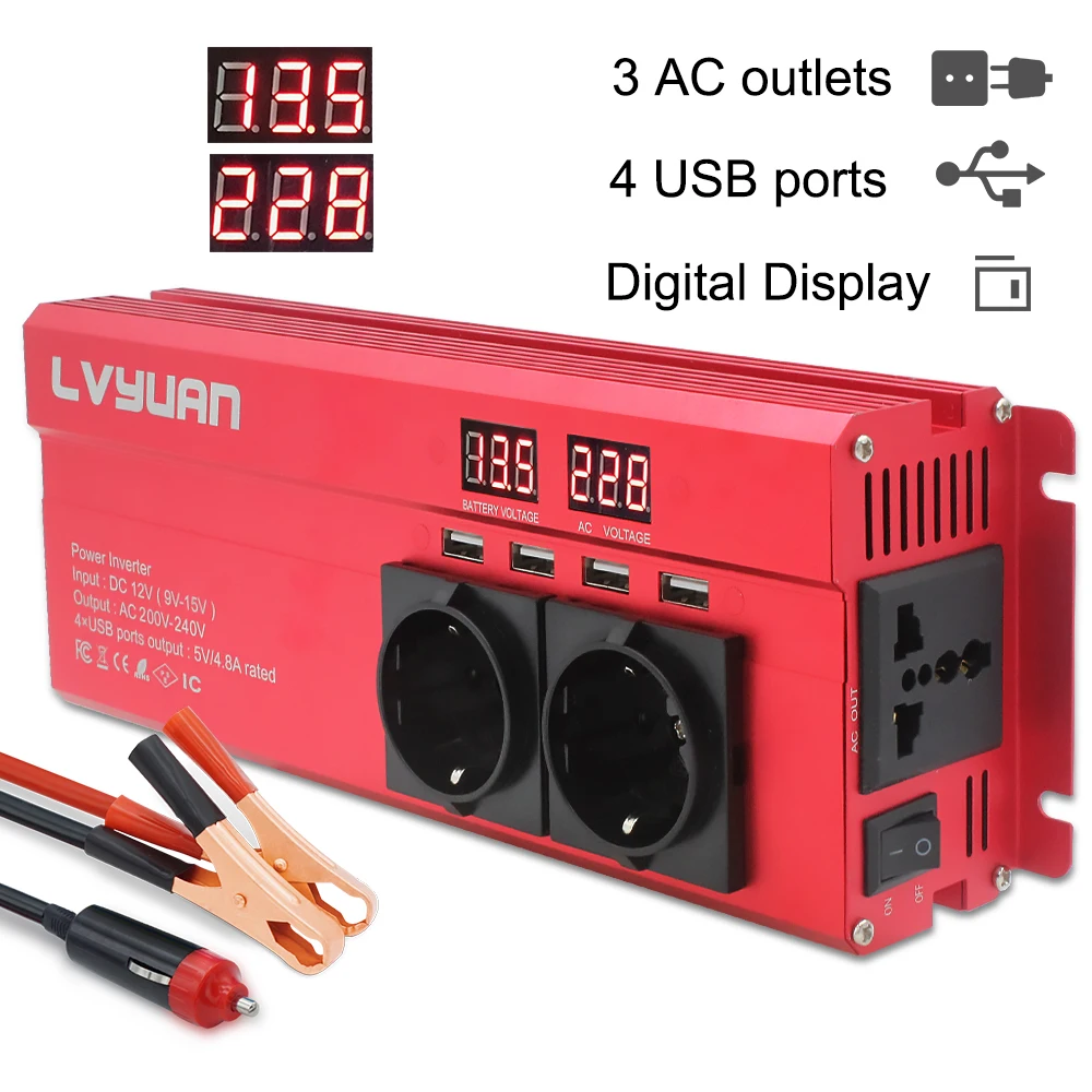 $53.99 Car Inverter 2600W Peak DC 12V/24V To AC 220V LED Display & EU Plug Power Inverter Volts Converter Charger Inversor Transformer