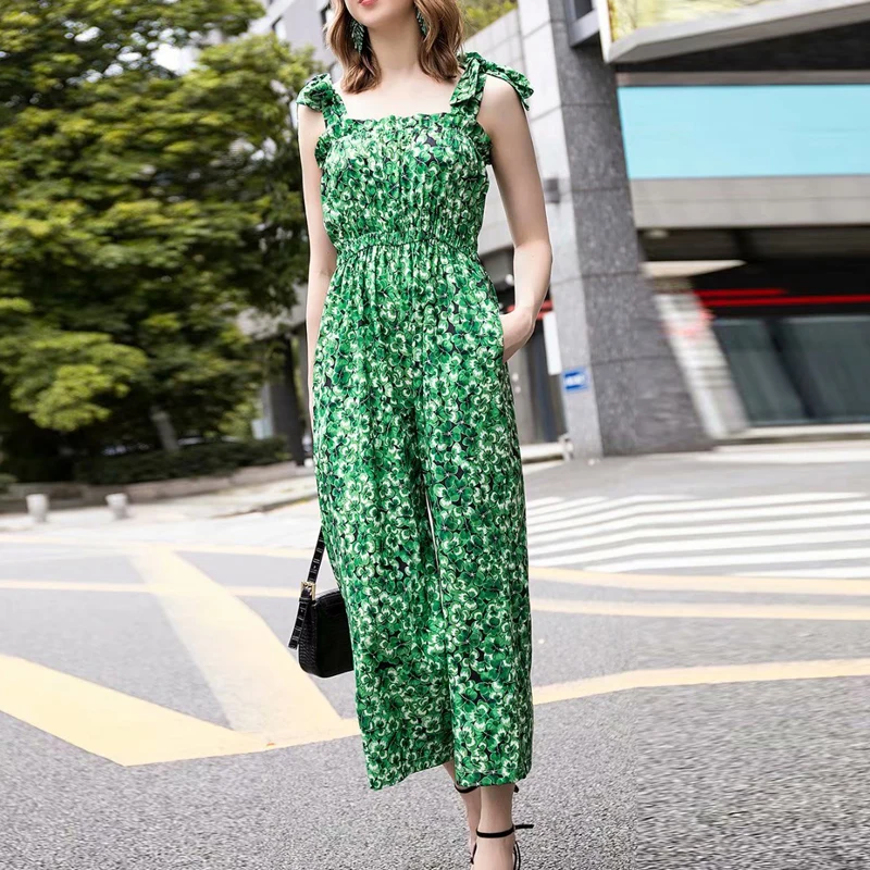 2021 HIGH STREET Newest Fashion Designer Rompers Women's Spaghetti Strap Bow Chiffon Floral Print Straight Jumpsuit