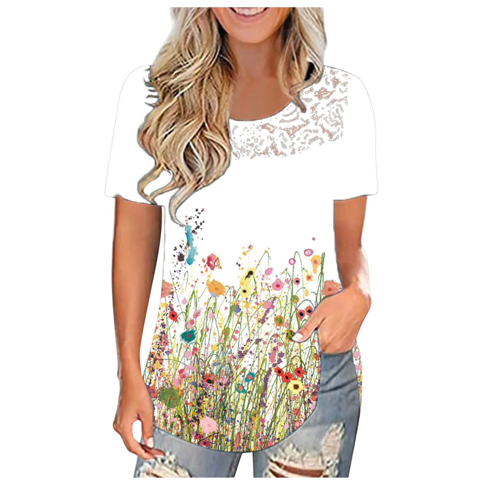 

Lace Patchwork Short Sleeve Blouse Women Loose Casual O Neck Tops Ladies Harajuku Butterfly Print Shirt Blusas Y Camisas 40#