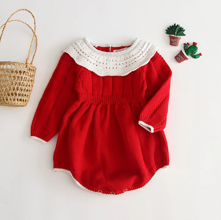 

Baby Girl Fall Winter Warm Sweater Bodysuit 0-24M Newborn Toddler Casual Long Sleeve Collared Red Knit Jumpsuit Outfits