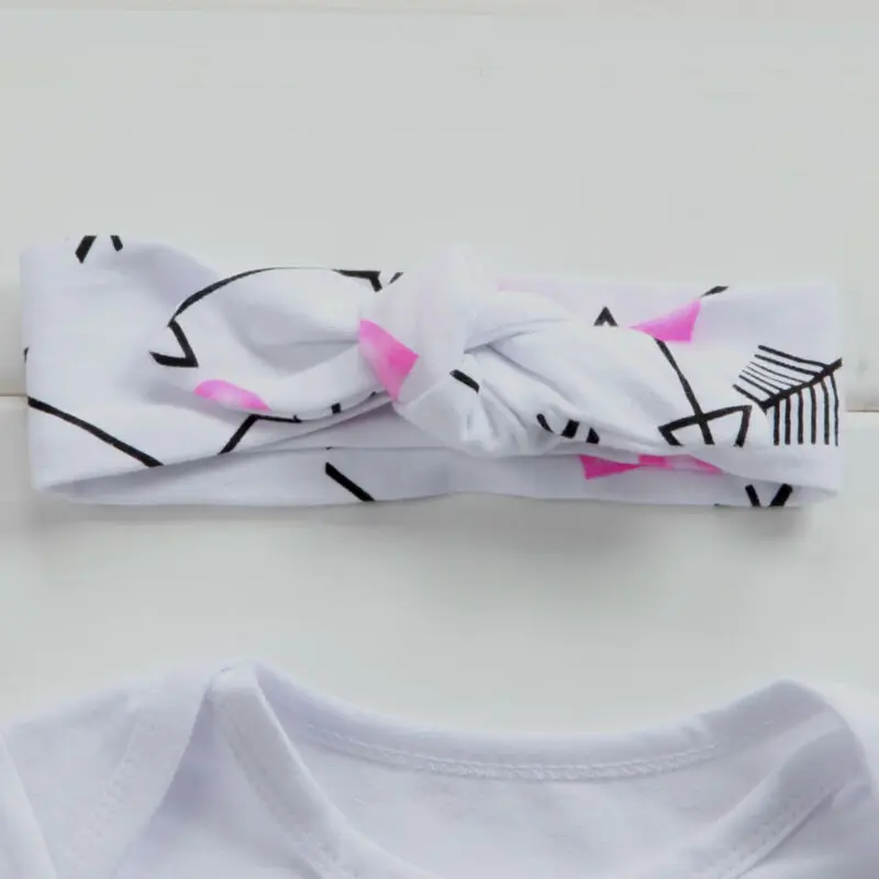 

MIRACLES Printed Newborn Infant Toddler Baby Girl Jumpsuit Bodysuit Pants Hat Headband 4pcs Baby Casual Clothes Outfit Set 0-24M