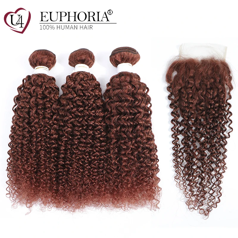 Brown Kinky Curly Bundles With Lace Closure 4x4 27 30 33 Hair Brazilian Remy Human Hair 3 Bundles With Closure Euphoria