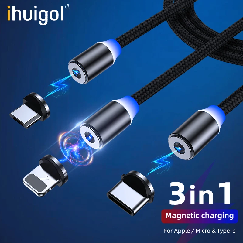 

ihuigol 3 in 1 Magnetic Cable For iphone 11 XR XS Samsung Xiaomi Note 8 Realme X50 Pro Huawei Type-c Micro USB Fast Charger Wire
