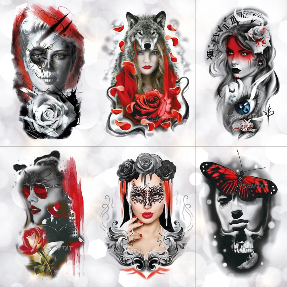 

Wolf Head Cool Eyes Girl Temporary Tattoo Sticker Red Butterfly Lace Romantic Waterproof Tattoo Art Fake Tatoo For Women