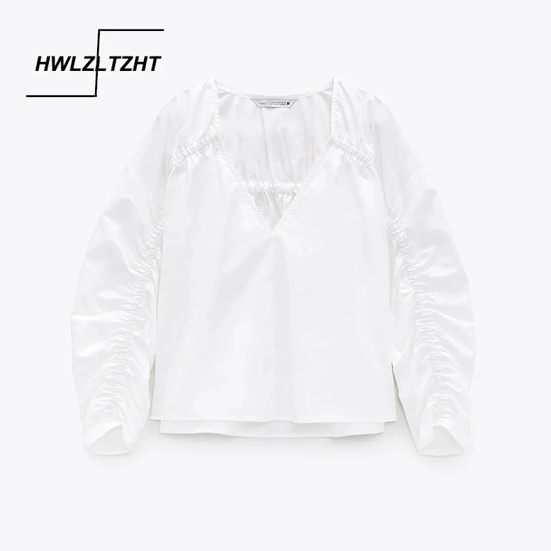 

HWLZLTZHT 2021 Women Puff Sleeve Ruched Blouse V Neck Elastic Vintage Spring White Shirts Woman Fashion Casual Top Blusas