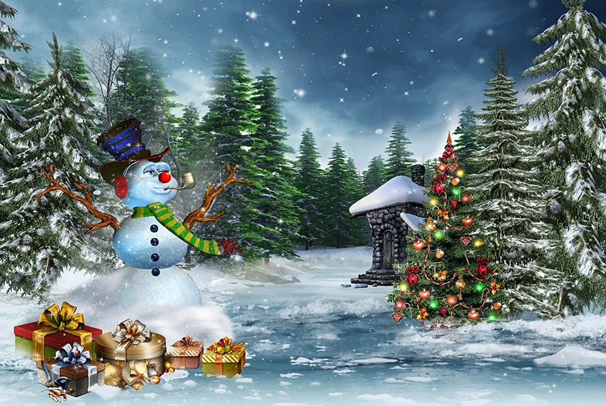 

Виниловый фон для студийной фотосъемки с изображением сказочного зимнего пейзажа, снеговика, рождественской елки, сказочного коттеджа, 7 Х5 футов, 220 см X 150 см