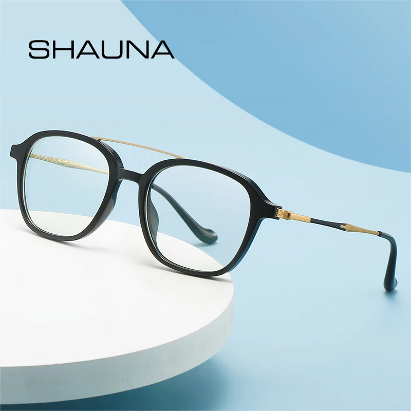 

Женские и мужские очки с двойной перемычкой SHAUNA, квадратные оптические очки в стиле ретро с прозрачными линзами с защитой от сисветильник, оправа с пружинными петлями